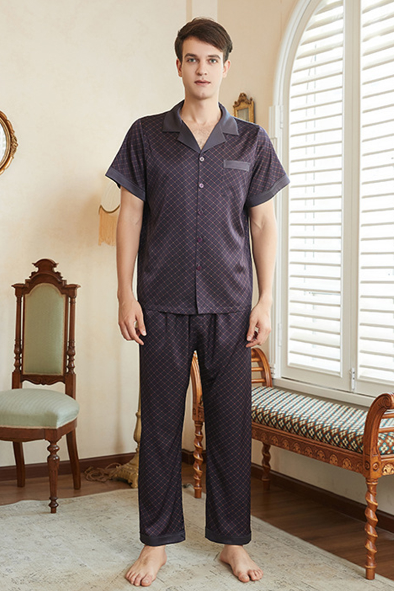 Men's 19 Momme 92% Mulberry Silk Pajama Set, New Plaid Short Sleeve Top & Long Pants