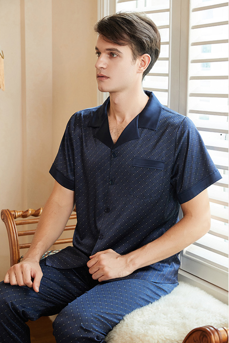 Men's 19 Momme 92% Mulberry Silk Pajama Set, New Plaid Short Sleeve Top & Long Pants