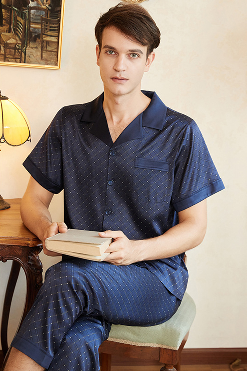 Men's 19 Momme 92% Mulberry Silk Pajama Set, New Plaid Short Sleeve Top & Long Pants