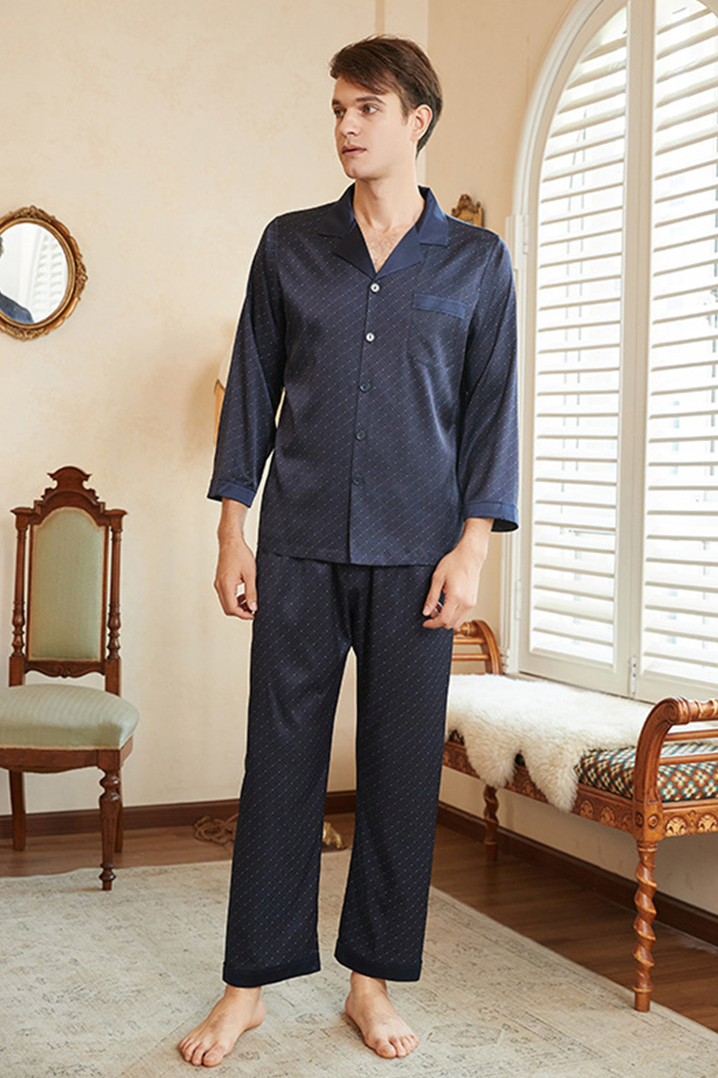 Men's 19 Momme 92% Mulberry Silk Pajama Set, New Plaid Short Sleeve Top & Long Pants