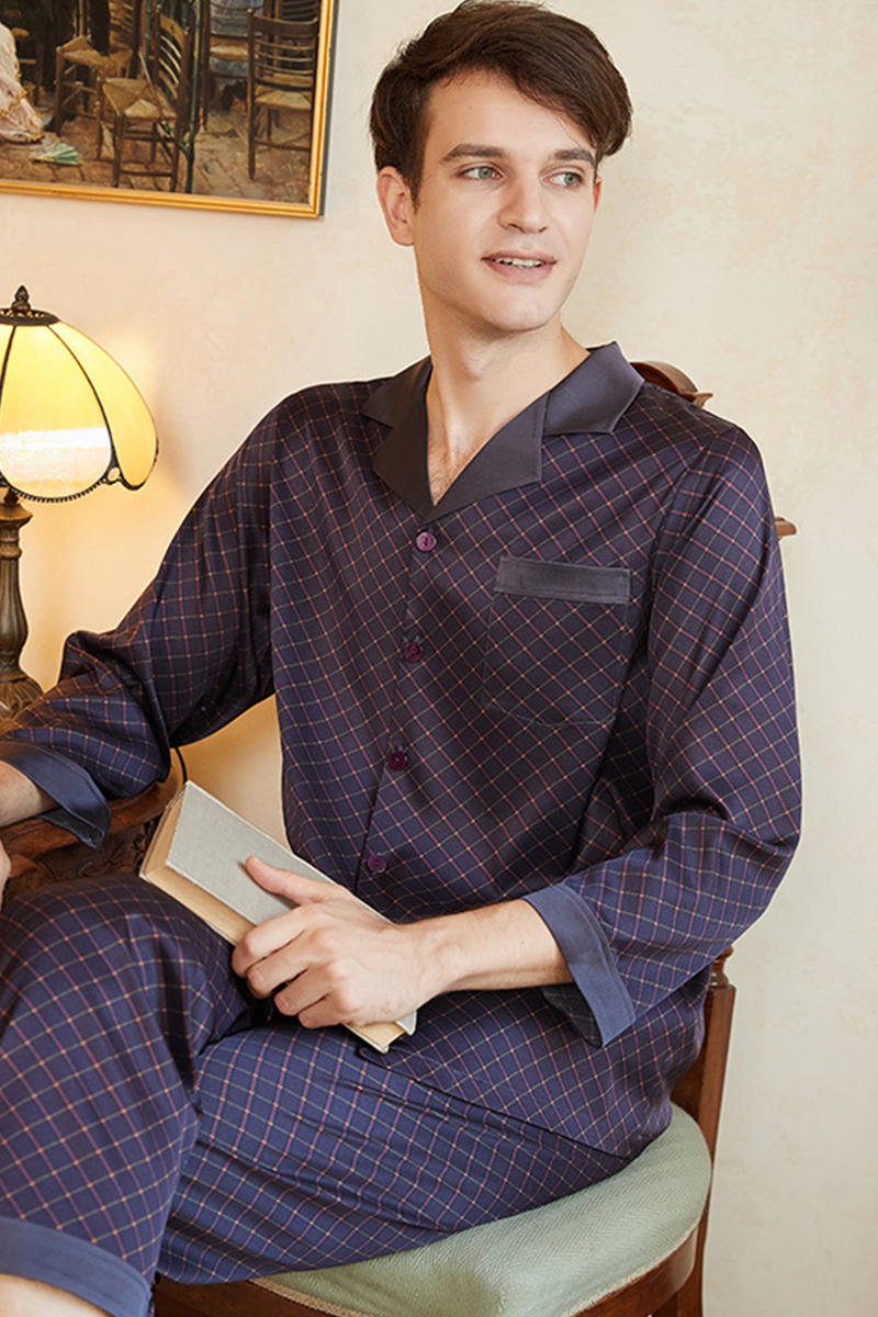 Men's 19 Momme 92% Mulberry Silk Pajama Set, New Plaid Short Sleeve Top & Long Pants