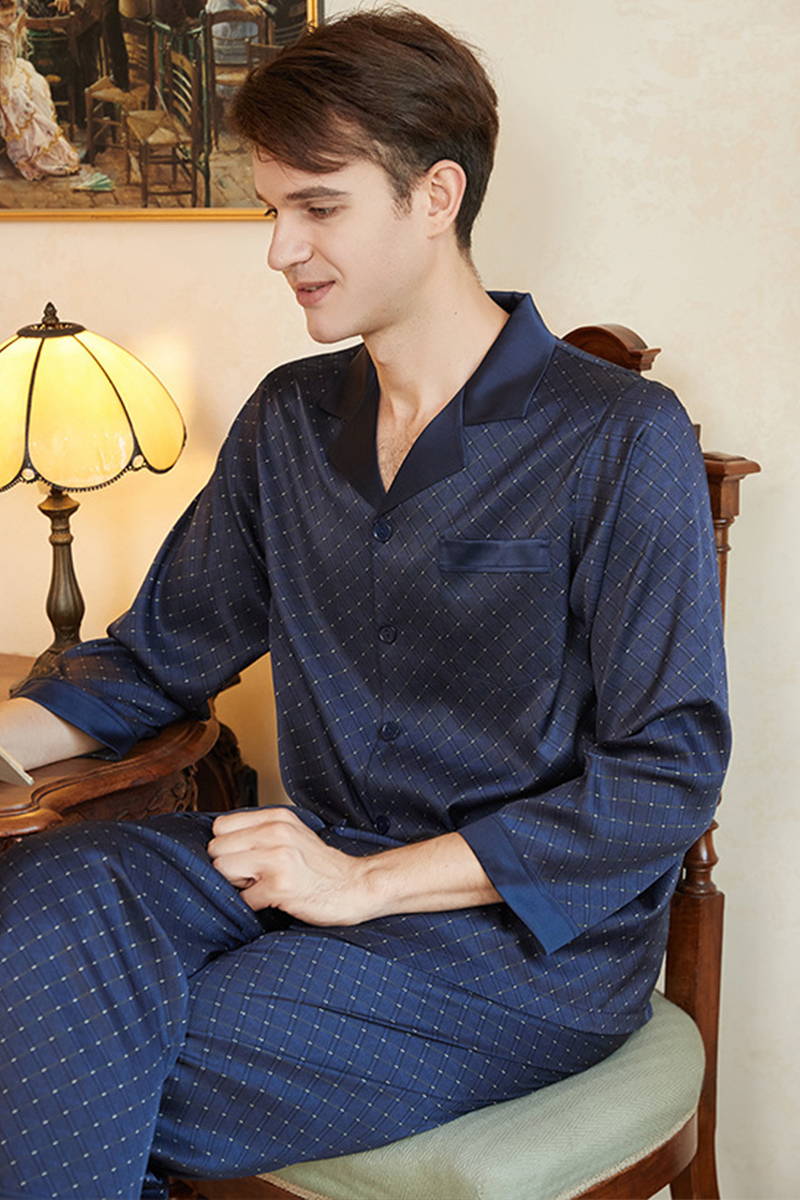 Men's 19 Momme 92% Mulberry Silk Pajama Set, New Plaid Short Sleeve Top & Long Pants