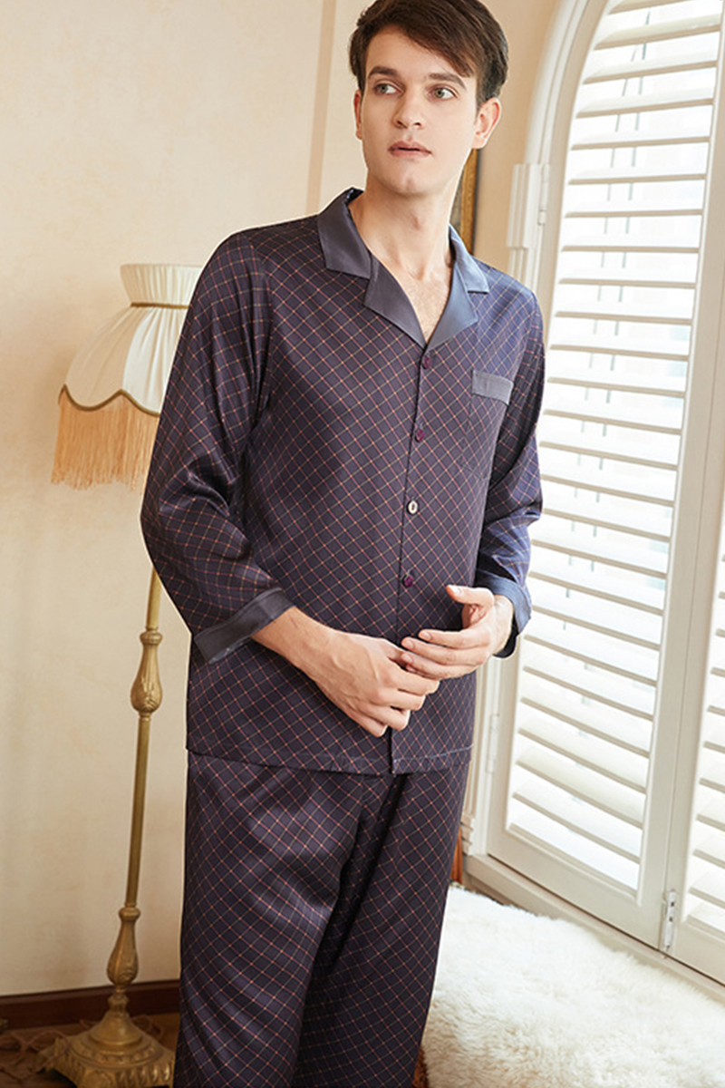 Men's 19 Momme 92% Mulberry Silk Pajama Set, New Plaid Short Sleeve Top & Long Pants