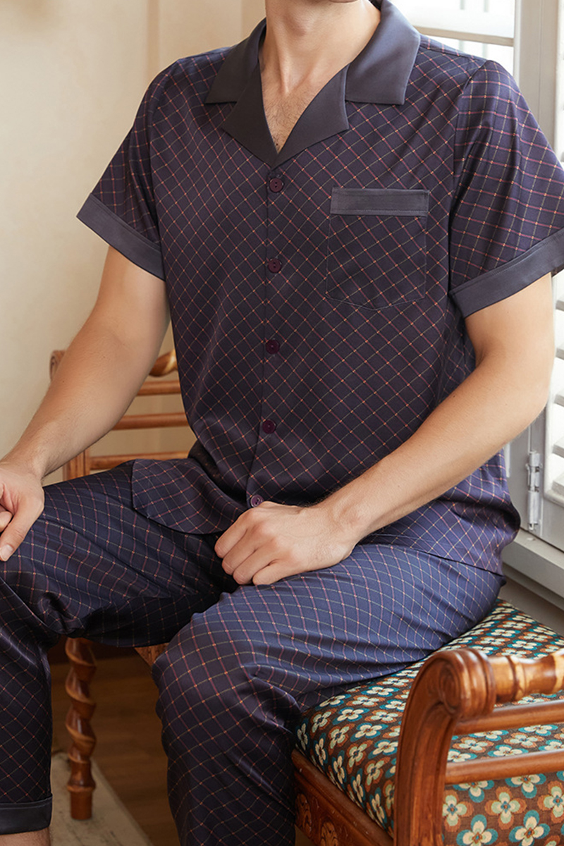 Men's 19 Momme 92% Mulberry Silk Pajama Set, New Plaid Short Sleeve Top & Long Pants