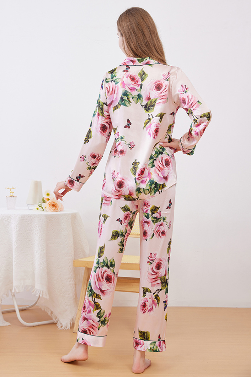 100% Mulberry Silk Pajama Set Printed Thin Long Sleeve Loungewear