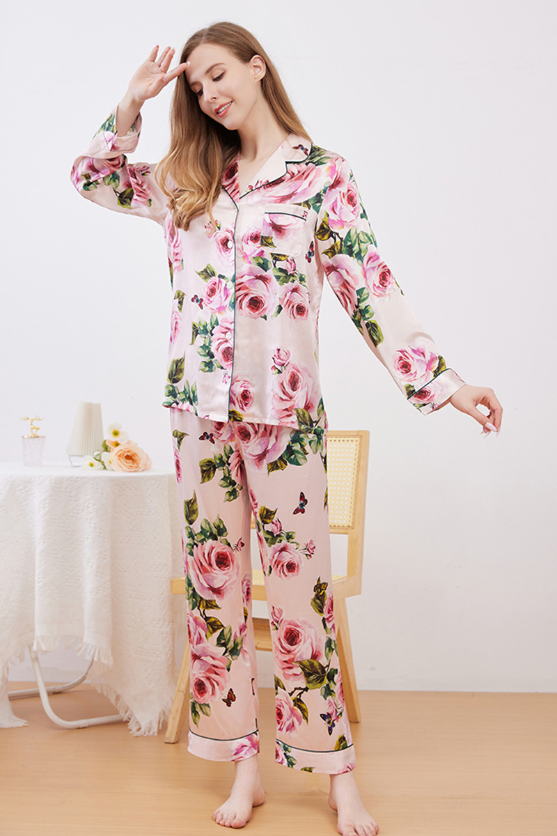 100% Mulberry Silk Pajama Set Printed Thin Long Sleeve Loungewear