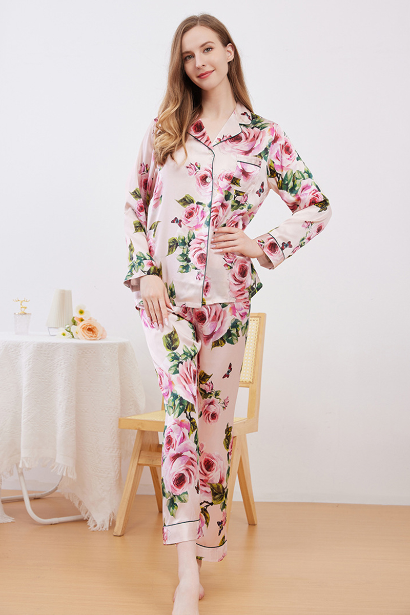 100% Mulberry Silk Pajama Set Printed Thin Long Sleeve Loungewear