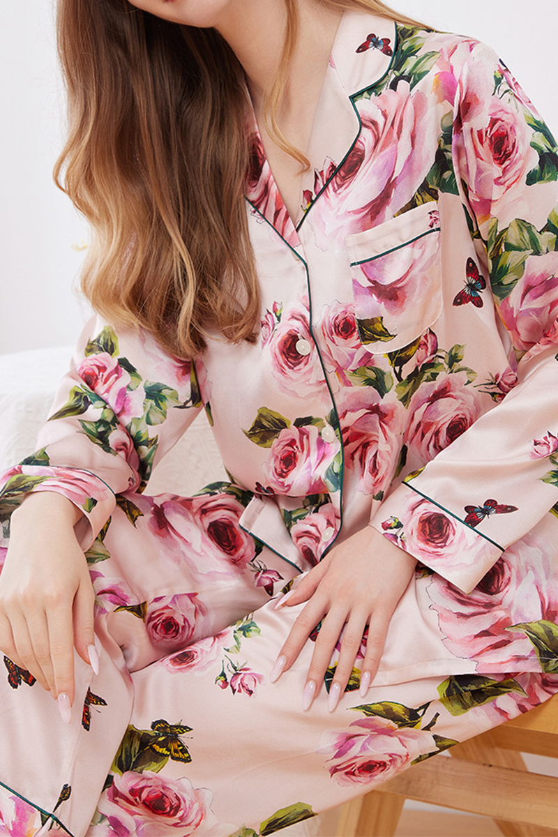 100% Mulberry Silk Pajama Set Printed Thin Long Sleeve Loungewear