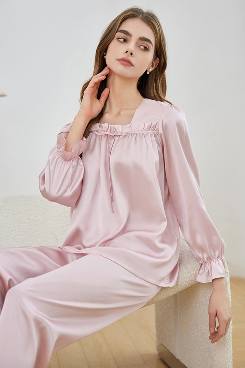 19 Momme Heavy 100% Mulberry Silk Pajama Set Loose Square Neck Lantern Long Sleeve Top & Pants Loungewear
