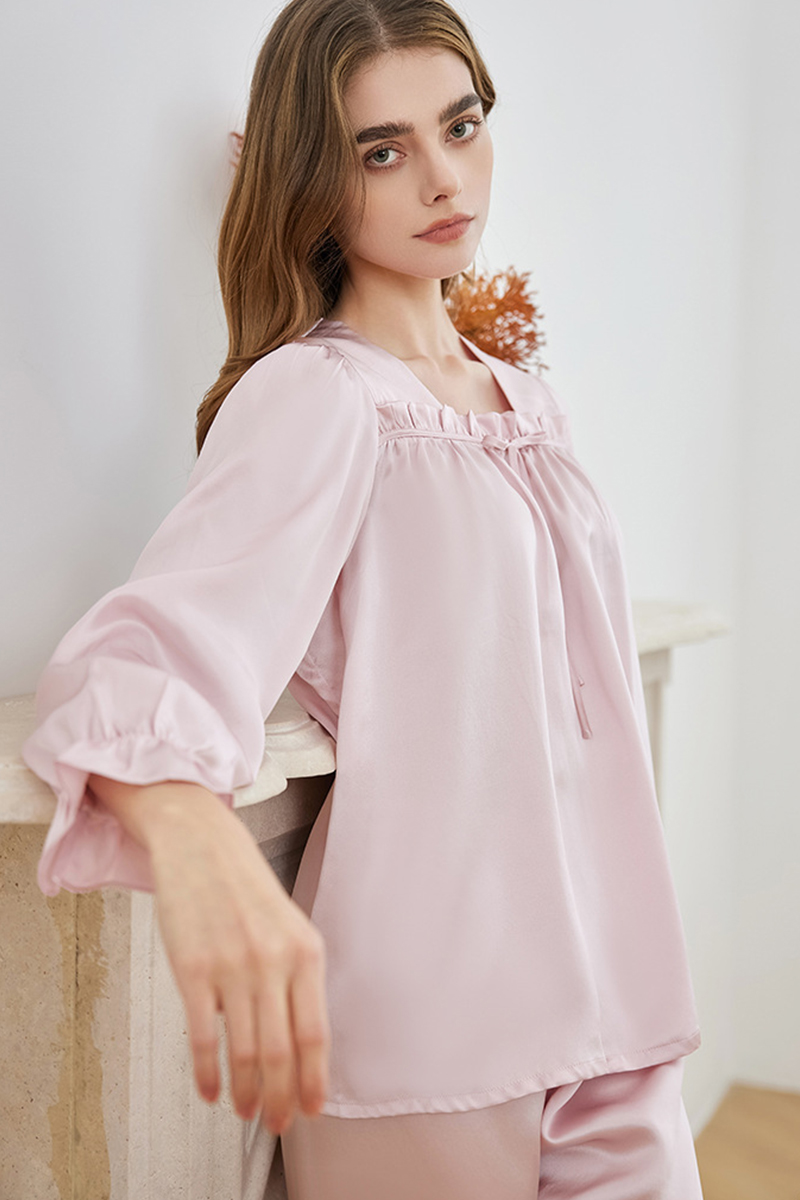 19 Momme Heavy 100% Mulberry Silk Pajama Set Loose Square Neck Lantern Long Sleeve Top & Pants Loungewear