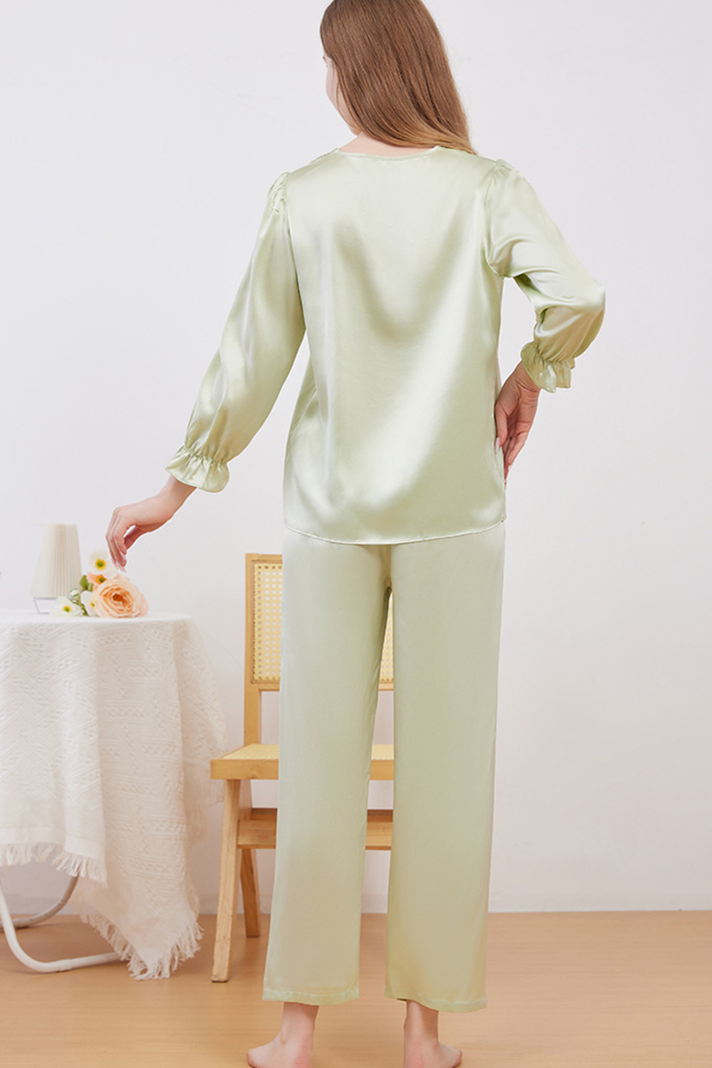 19 Momme Heavy 100% Mulberry Silk Pajama Set Loose Square Neck Lantern Long Sleeve Top & Pants Loungewear