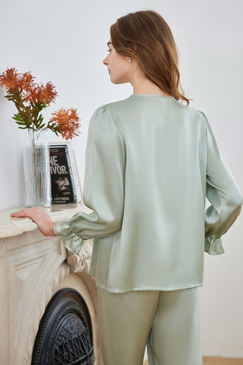 19 Momme Heavy 100% Mulberry Silk Pajama Set Loose Square Neck Lantern Long Sleeve Top & Pants Loungewear