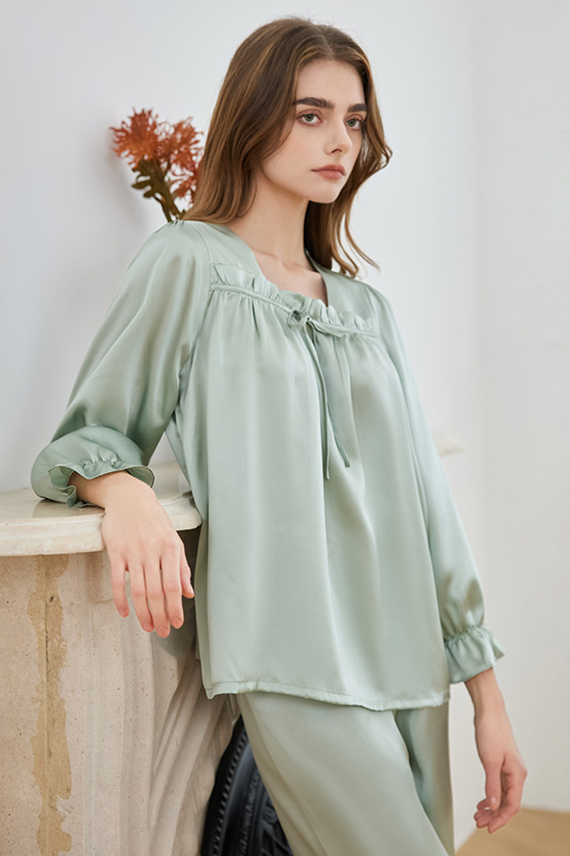 19 Momme Heavy 100% Mulberry Silk Pajama Set Loose Square Neck Lantern Long Sleeve Top & Pants Loungewear