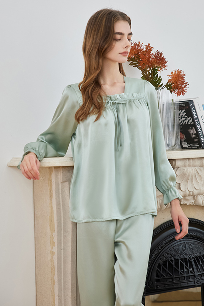 19 Momme Heavy 100% Mulberry Silk Pajama Set Loose Square Neck Lantern Long Sleeve Top & Pants Loungewear