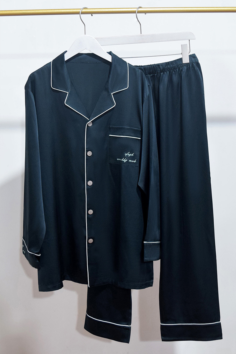 Men's 22 Momme Heavy Stretch 92% Mulberry Silk Pajama Set Long Sleeve Top & Long Pants Luxury Loungewear
