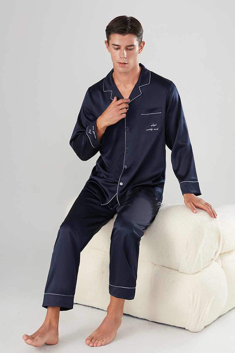 Men's 22 Momme Heavy Stretch 92% Mulberry Silk Pajama Set Long Sleeve Top & Long Pants Luxury Loungewear