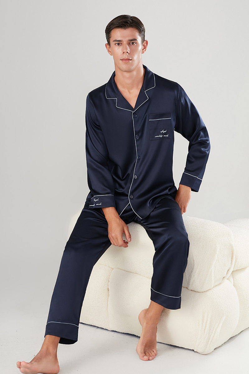 Men's 22 Momme Heavy Stretch 92% Mulberry Silk Pajama Set Long Sleeve Top & Long Pants Luxury Loungewear