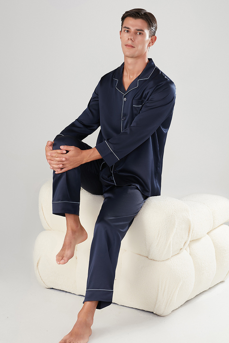 Men's 22 Momme Heavy Stretch 92% Mulberry Silk Pajama Set Long Sleeve Top & Long Pants Luxury Loungewear