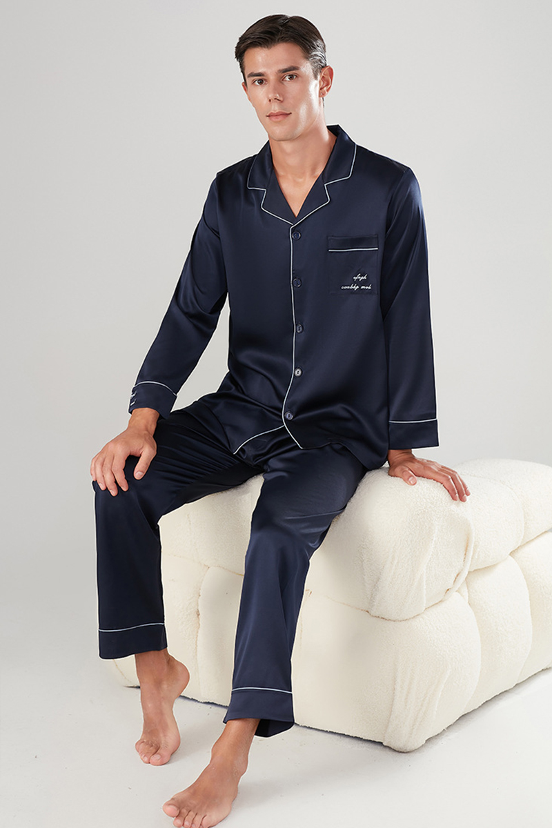 Men's 22 Momme Heavy Stretch 92% Mulberry Silk Pajama Set Long Sleeve Top & Long Pants Luxury Loungewear