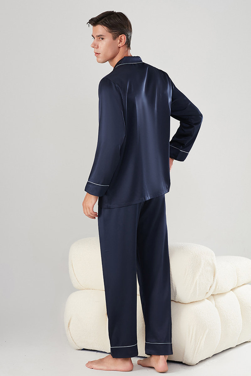 Men's 22 Momme Heavy Stretch 92% Mulberry Silk Pajama Set Long Sleeve Top & Long Pants Luxury Loungewear