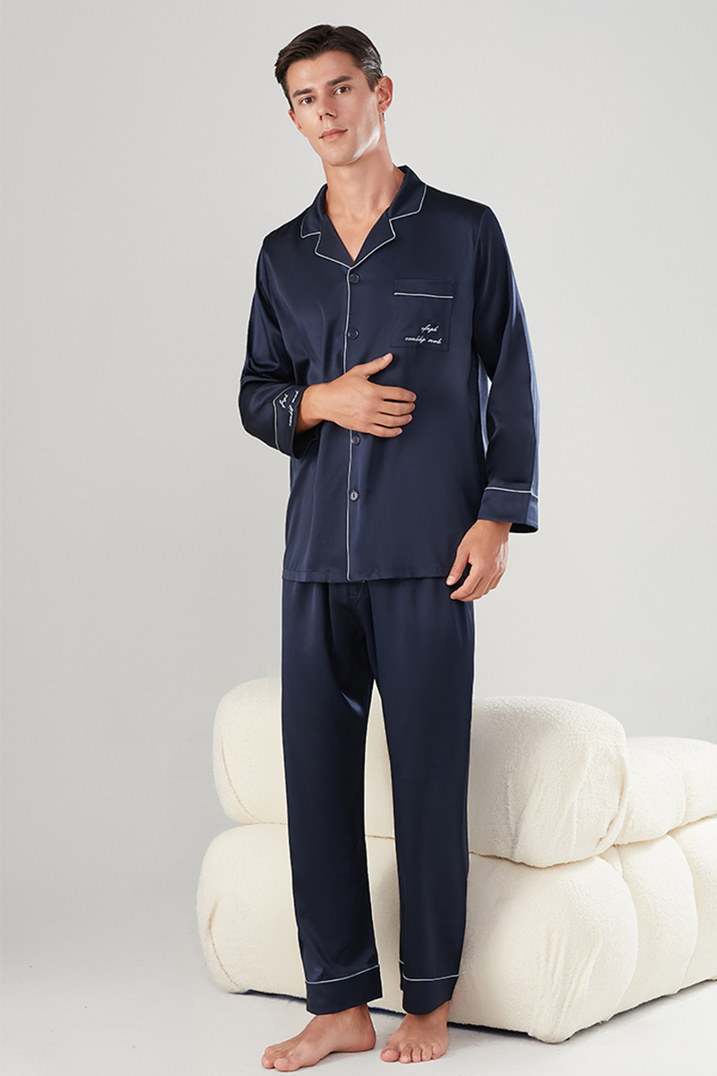 Men's 22 Momme Heavy Stretch 92% Mulberry Silk Pajama Set Long Sleeve Top & Long Pants Luxury Loungewear