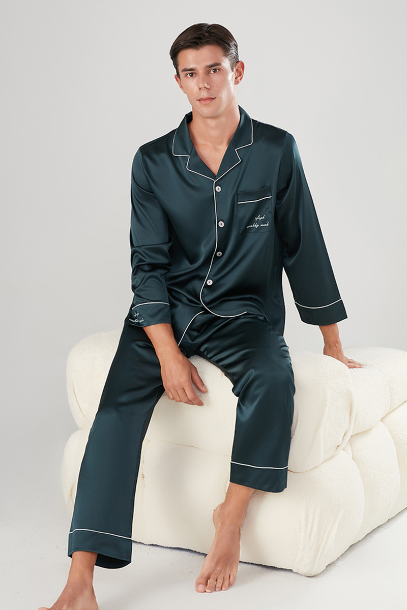 Men's 22 Momme Heavy Stretch 92% Mulberry Silk Pajama Set Long Sleeve Top & Long Pants Luxury Loungewear