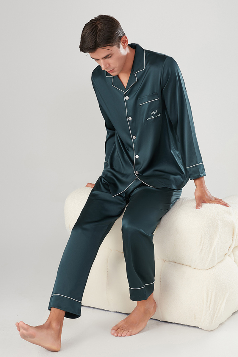 Men's 22 Momme Heavy Stretch 92% Mulberry Silk Pajama Set Long Sleeve Top & Long Pants Luxury Loungewear