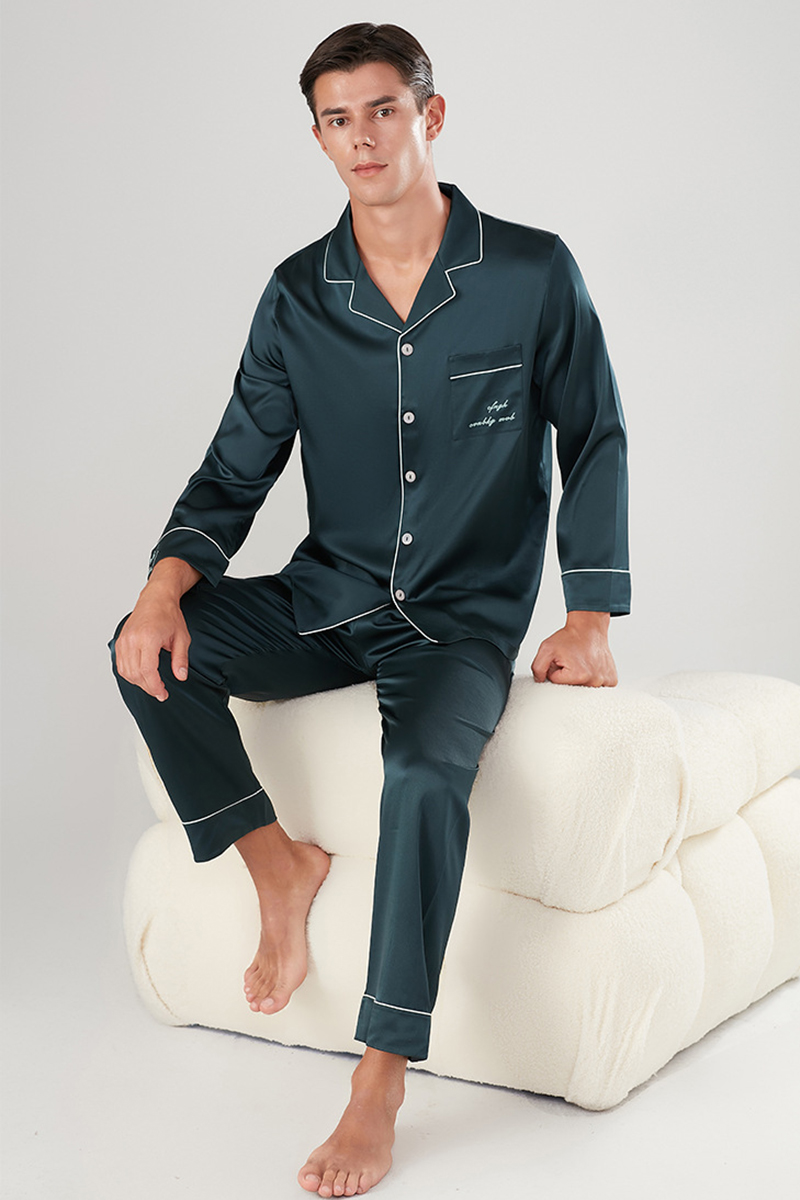 Men's 22 Momme Heavy Stretch 92% Mulberry Silk Pajama Set Long Sleeve Top & Long Pants Luxury Loungewear
