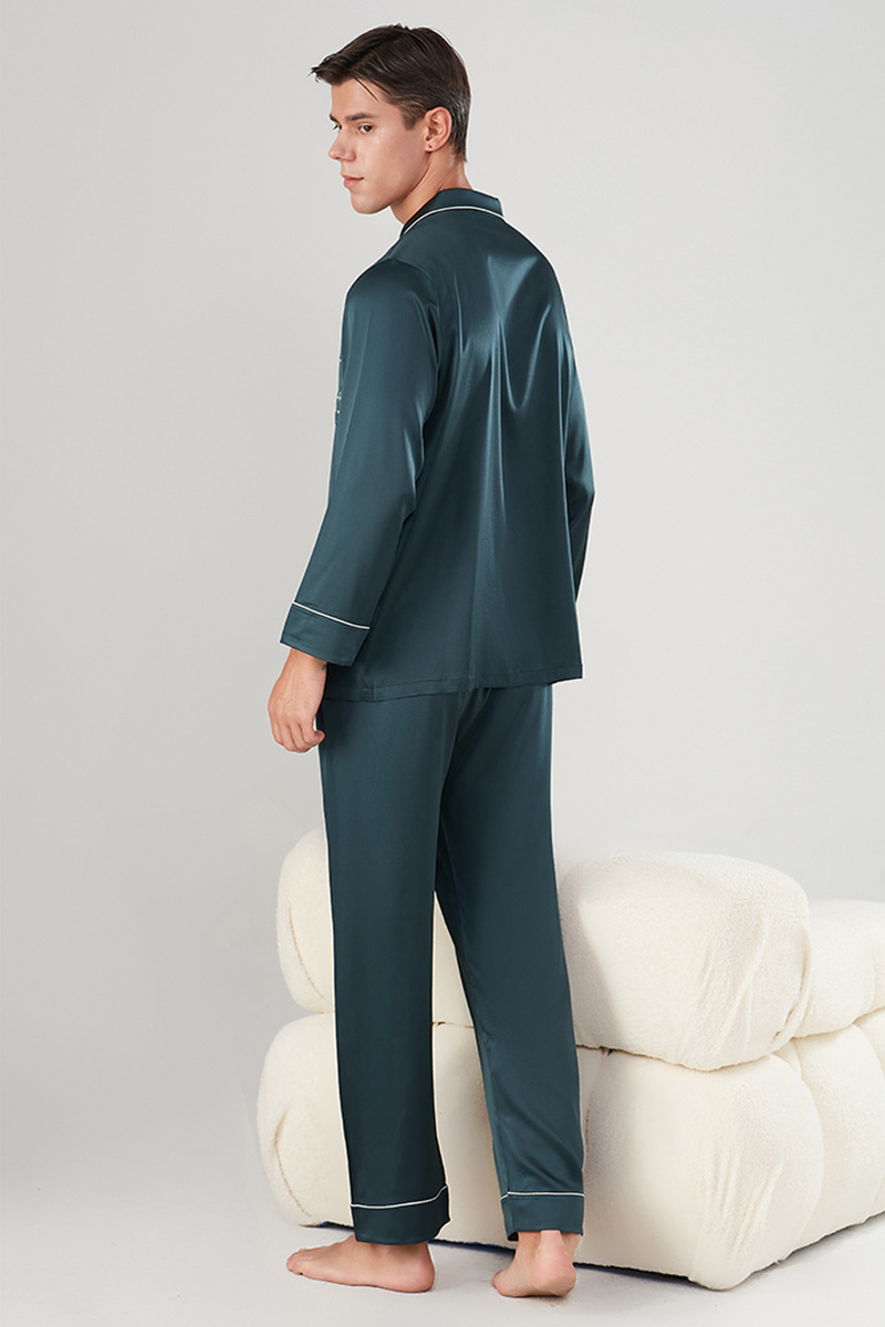Men's 22 Momme Heavy Stretch 92% Mulberry Silk Pajama Set Long Sleeve Top & Long Pants Luxury Loungewear
