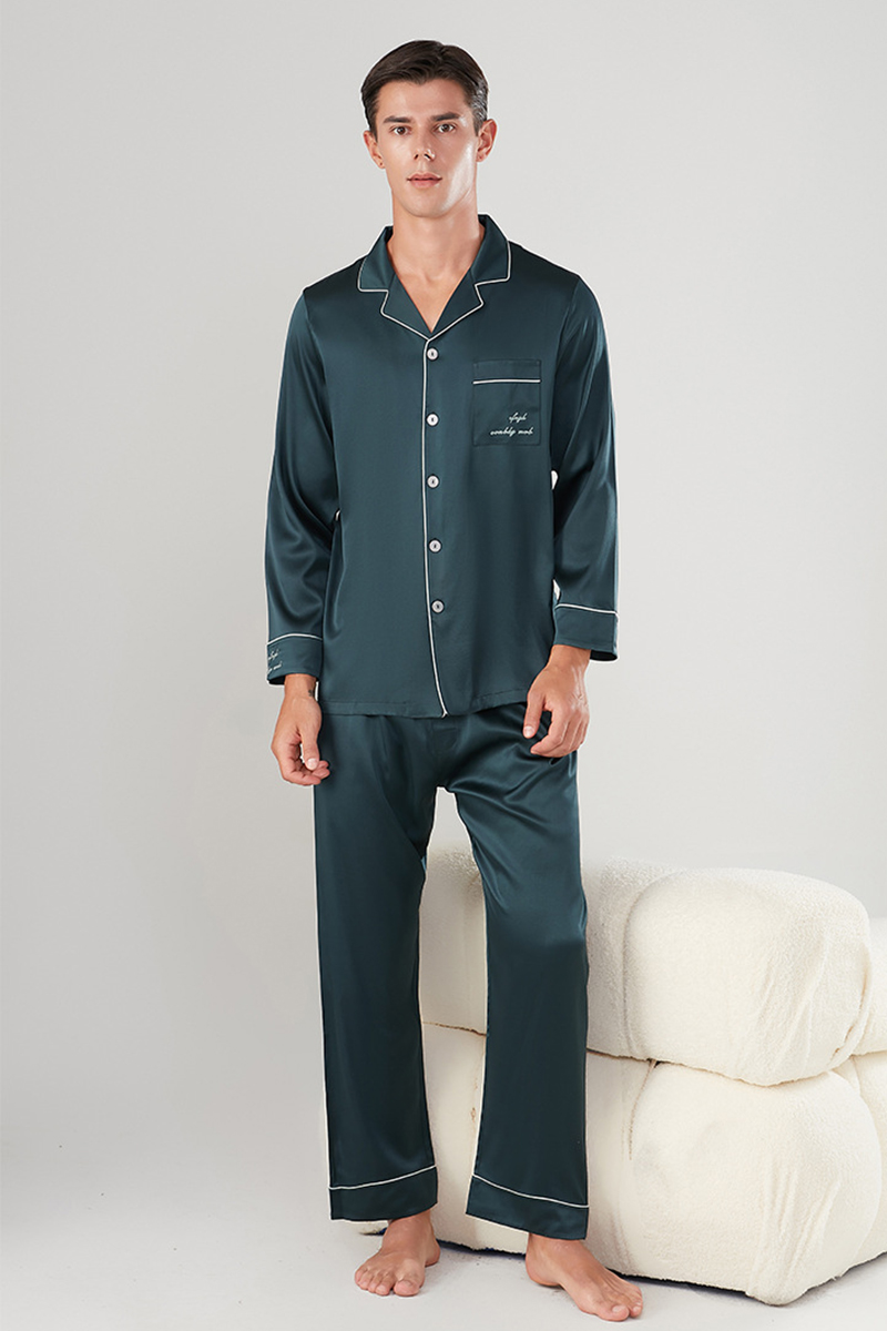 Men's 22 Momme Heavy Stretch 92% Mulberry Silk Pajama Set Long Sleeve Top & Long Pants Luxury Loungewear