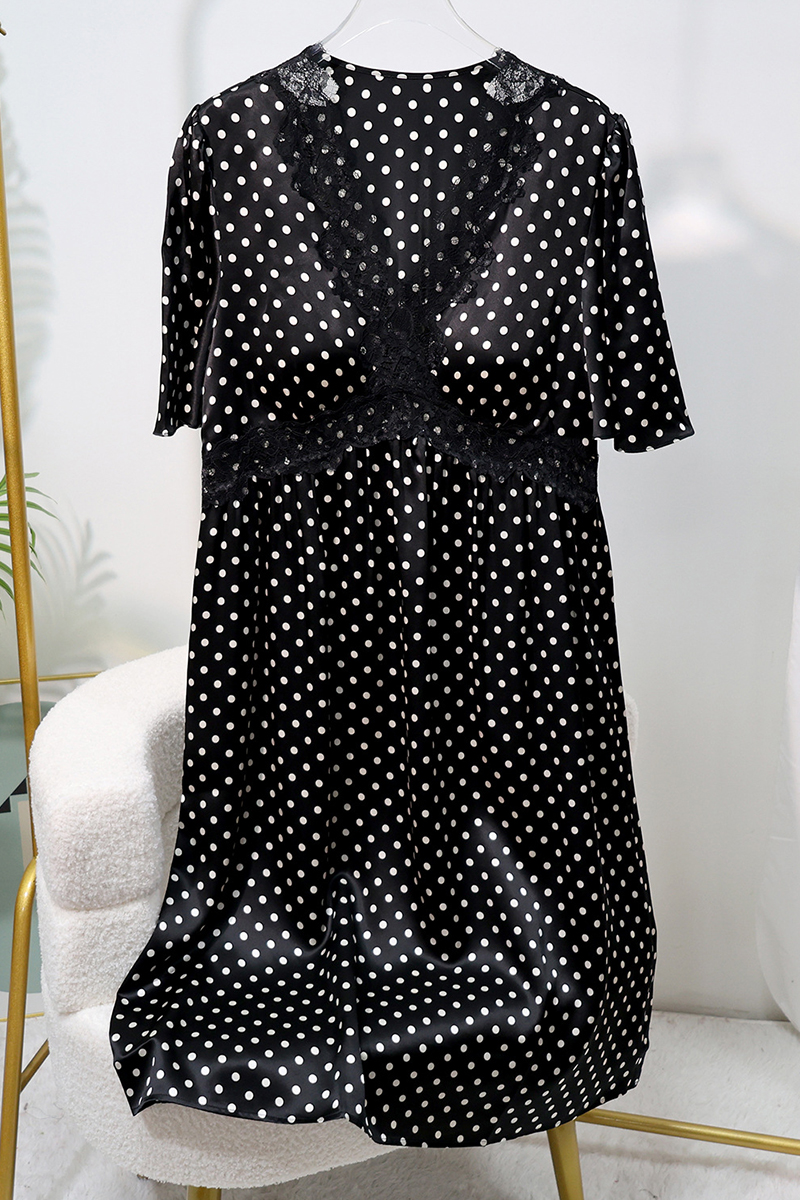 19 Momme Short Sleeve 100% Mulberry Silk Nightgown Polka Dot Lace V-Neck Home Dress with Built-In Bra Pads