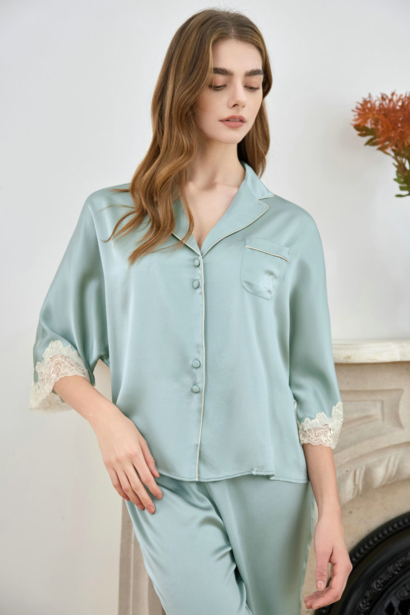 19 Momme Heavy 100% Mulberry Silk Pajama Set Loose Raglan Three-Quarter Sleeve Loungewear, Suitable for Indoor & Outdoor Wear