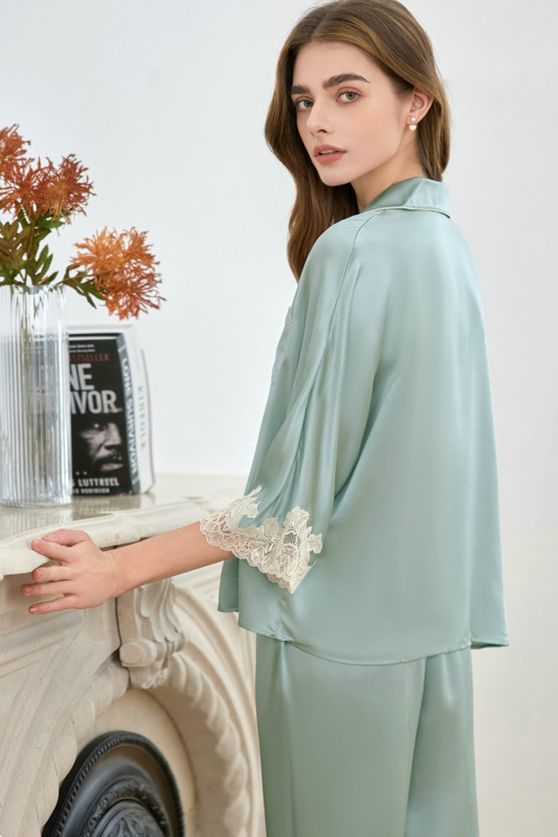19 Momme Heavy 100% Mulberry Silk Pajama Set Loose Raglan Three-Quarter Sleeve Loungewear, Suitable for Indoor & Outdoor Wear