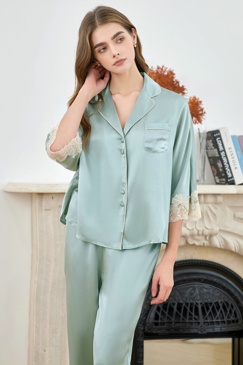 19 Momme Heavy 100% Mulberry Silk Pajama Set Loose Raglan Three-Quarter Sleeve Loungewear, Suitable for Indoor & Outdoor Wear