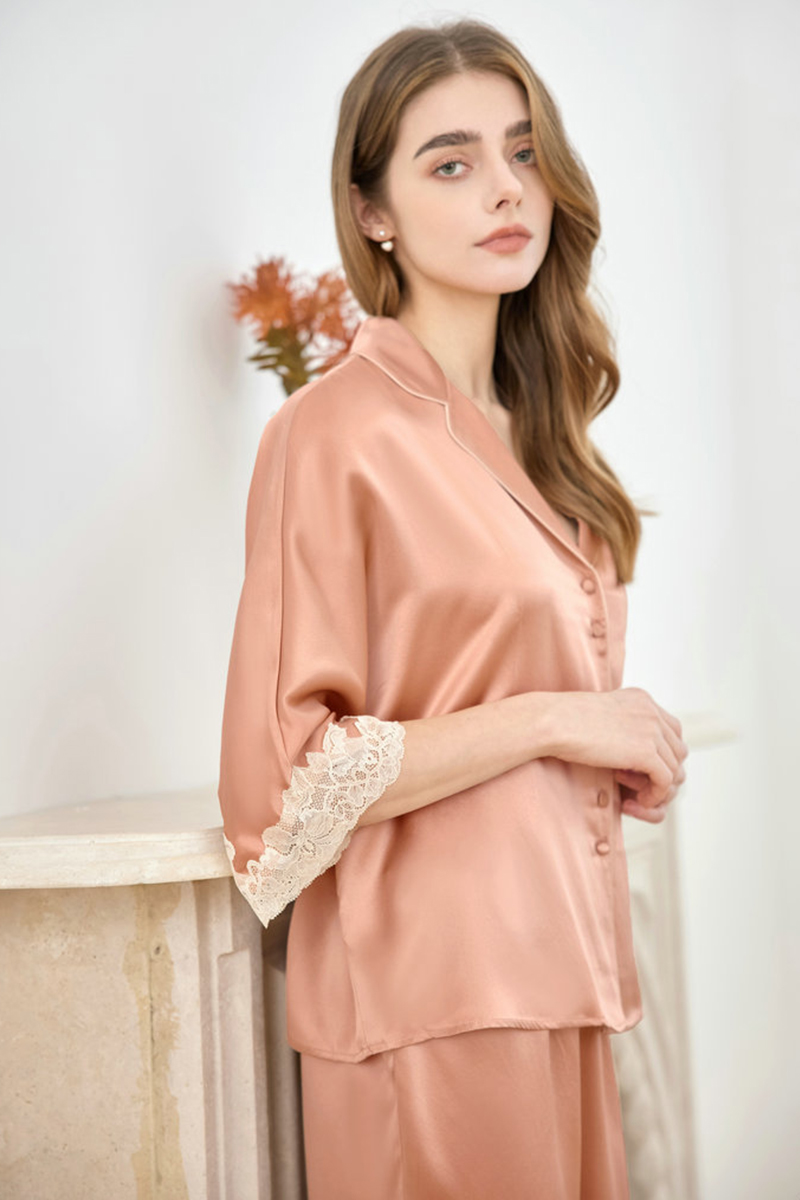 19 Momme Heavy 100% Mulberry Silk Pajama Set Loose Raglan Three-Quarter Sleeve Loungewear, Suitable for Indoor & Outdoor Wear