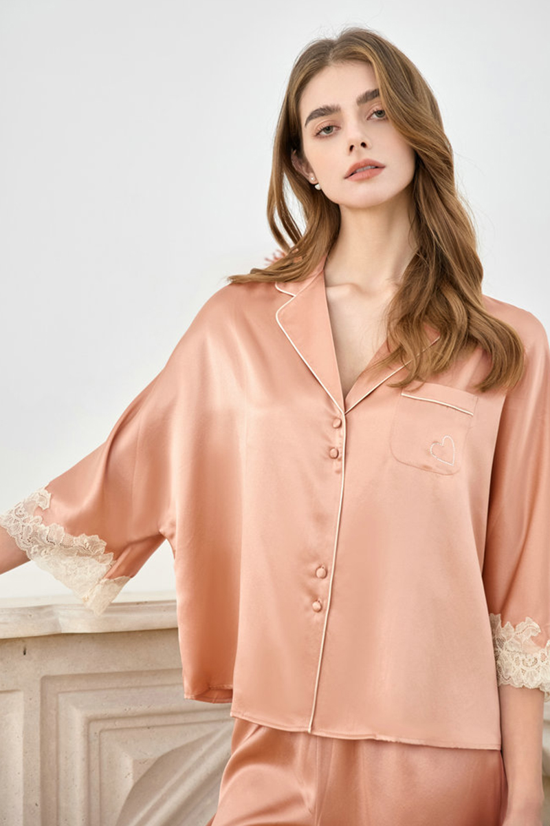 19 Momme Heavy 100% Mulberry Silk Pajama Set Loose Raglan Three-Quarter Sleeve Loungewear, Suitable for Indoor & Outdoor Wear