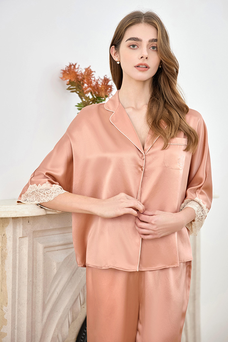 19 Momme Heavy 100% Mulberry Silk Pajama Set Loose Raglan Three-Quarter Sleeve Loungewear, Suitable for Indoor & Outdoor Wear