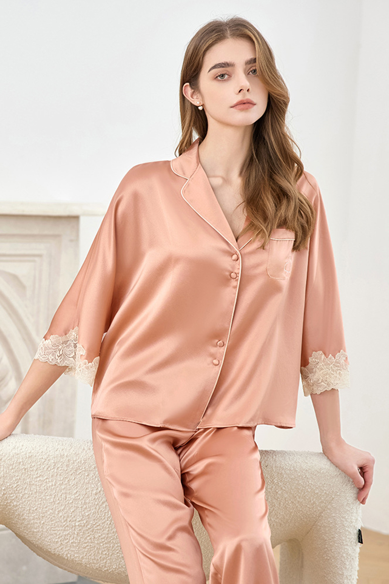 19 Momme Heavy 100% Mulberry Silk Pajama Set Loose Raglan Three-Quarter Sleeve Loungewear, Suitable for Indoor & Outdoor Wear