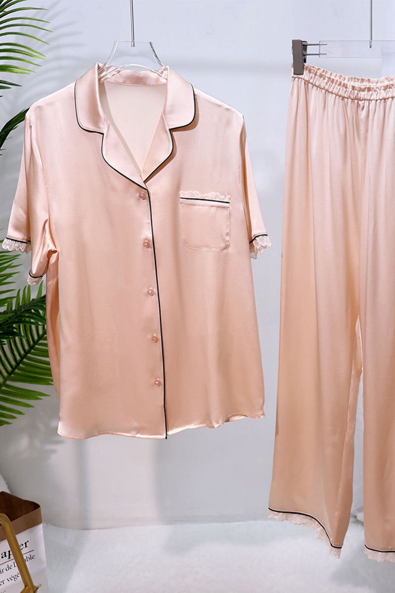 19 Momme 100% Mulberry Silk Pajama Set Luxury Short Sleeve Top & Long Pants