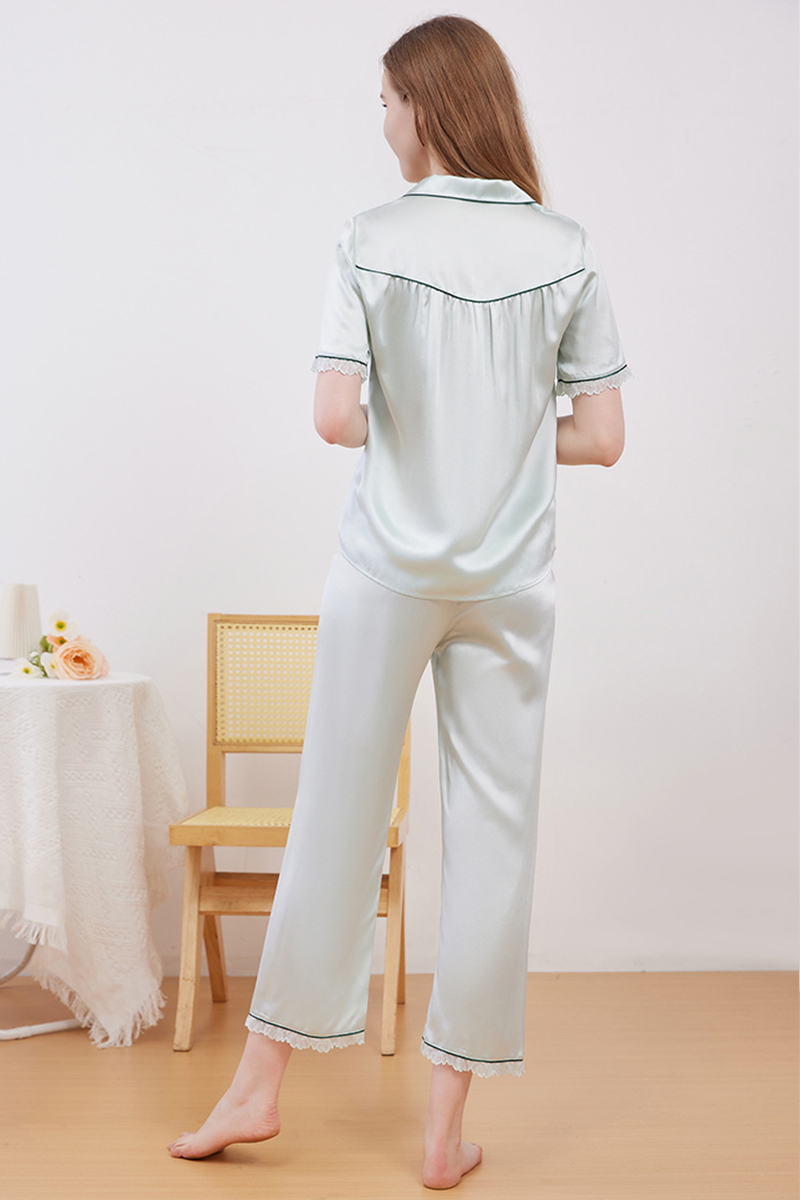 19 Momme 100% Mulberry Silk Pajama Set Luxury Short Sleeve Top & Long Pants
