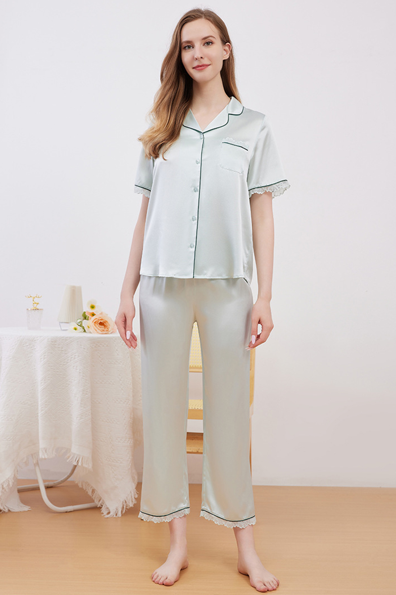 19 Momme 100% Mulberry Silk Pajama Set Luxury Short Sleeve Top & Long Pants