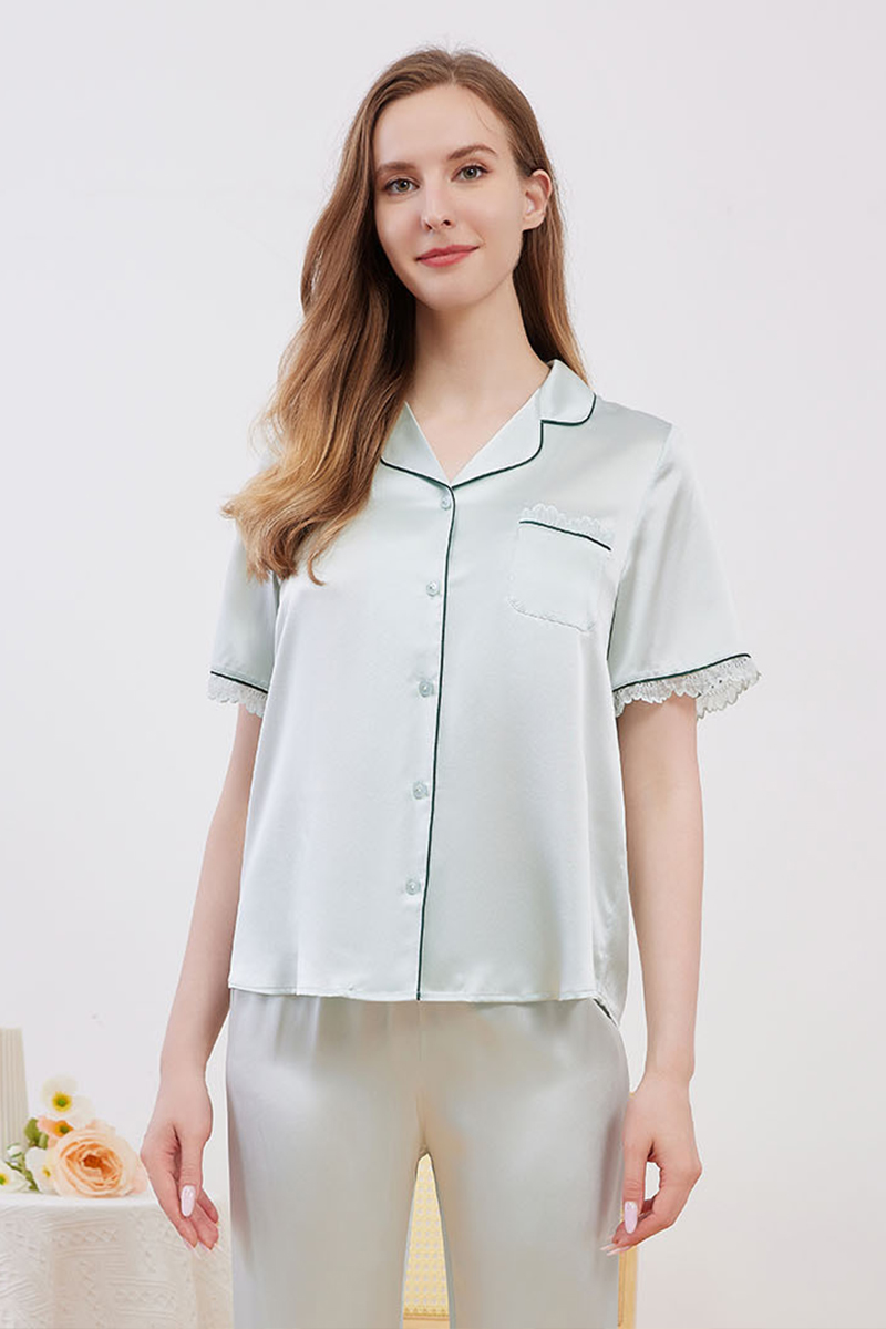 19 Momme 100% Mulberry Silk Pajama Set Luxury Short Sleeve Top & Long Pants