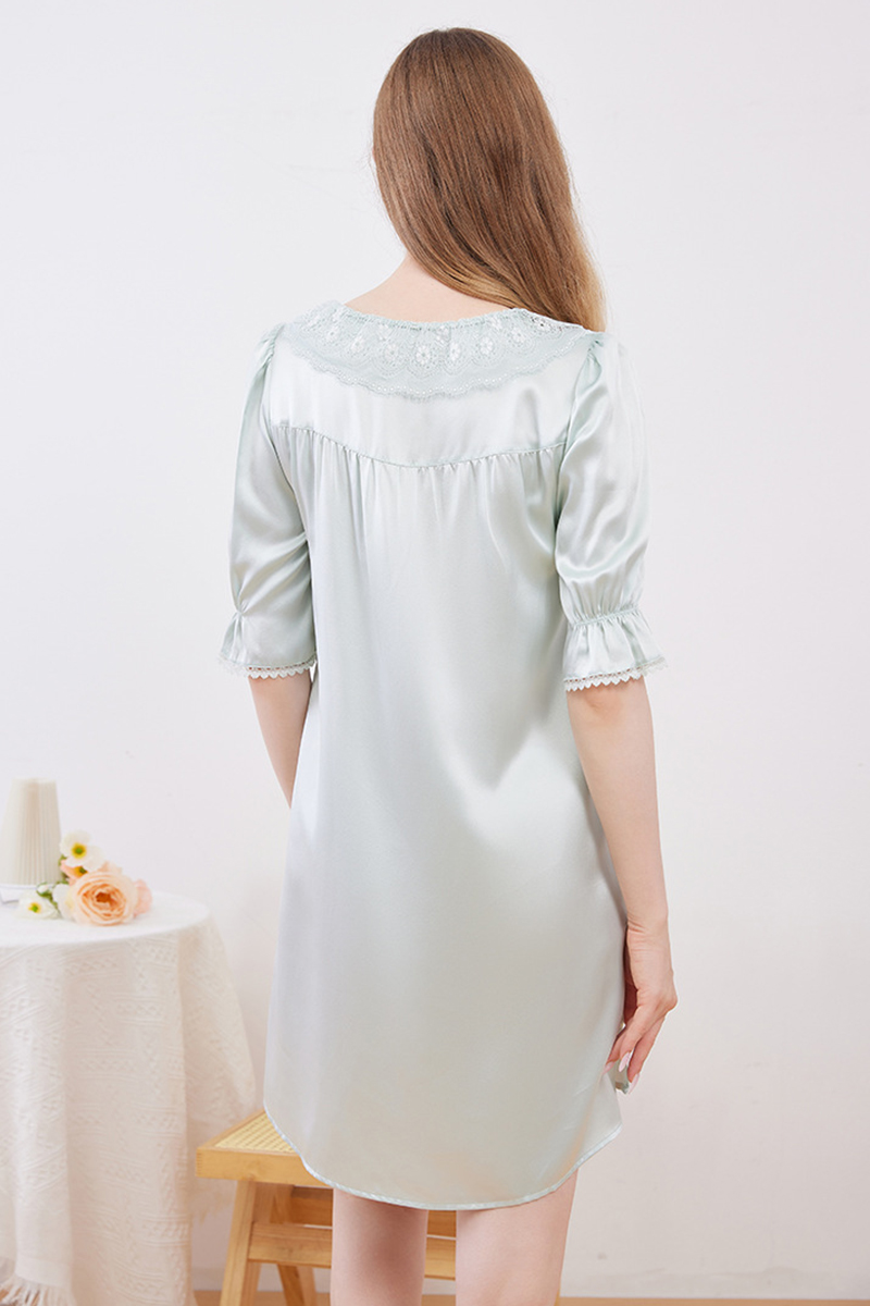19 Momme 100% Mulberry Silk Open Front Nightgown Lace Trim Midi Sleeve Loungewear Dress