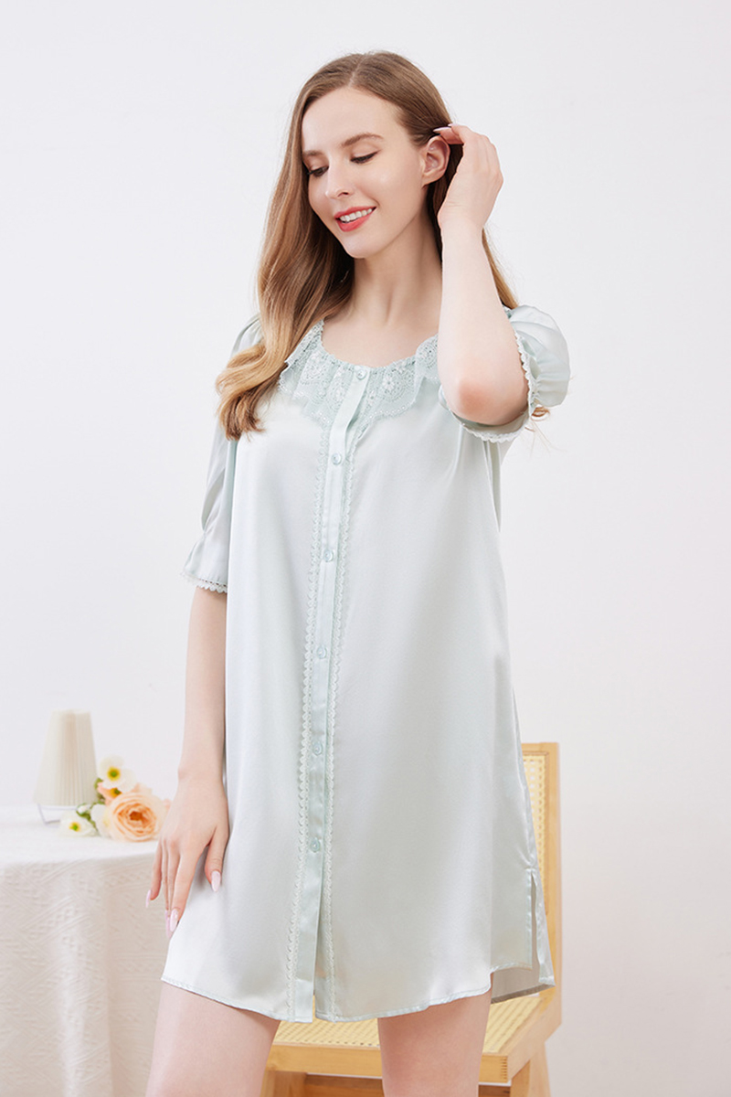 19 Momme 100% Mulberry Silk Open Front Nightgown Lace Trim Midi Sleeve Loungewear Dress