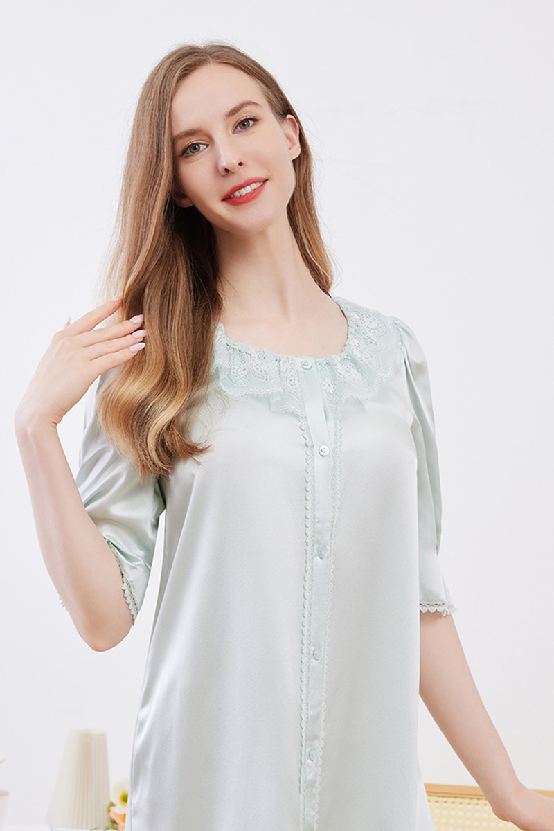19 Momme 100% Mulberry Silk Open Front Nightgown Lace Trim Midi Sleeve Loungewear Dress