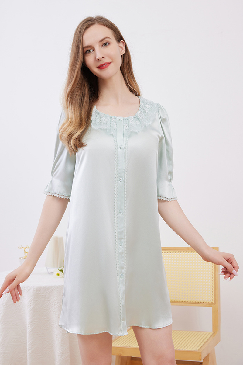 19 Momme 100% Mulberry Silk Open Front Nightgown Lace Trim Midi Sleeve Loungewear Dress