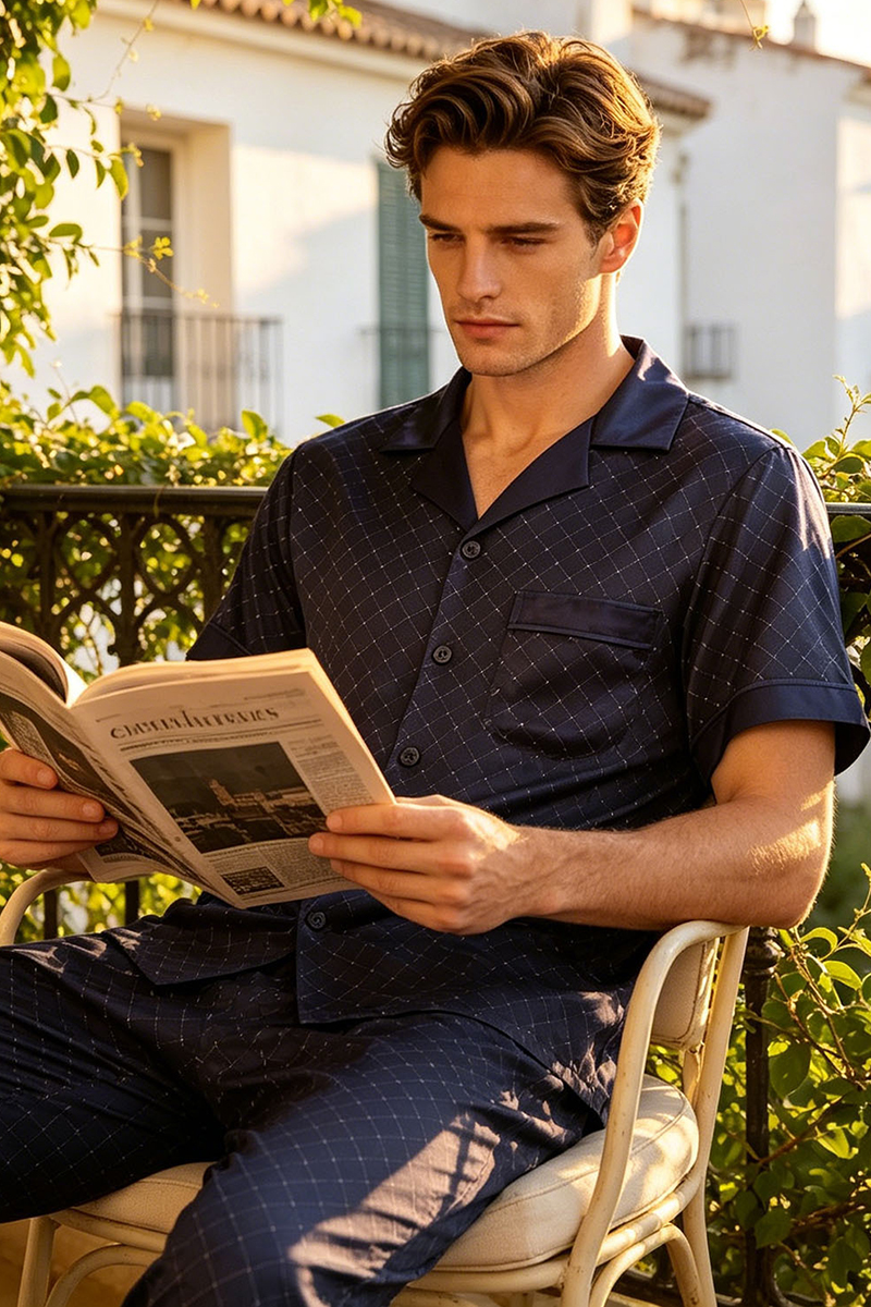 Men's 19 Momme Heavy 92% Mulberry Silk Pajama Set Short Sleeve Top & Long Pants Loungewear