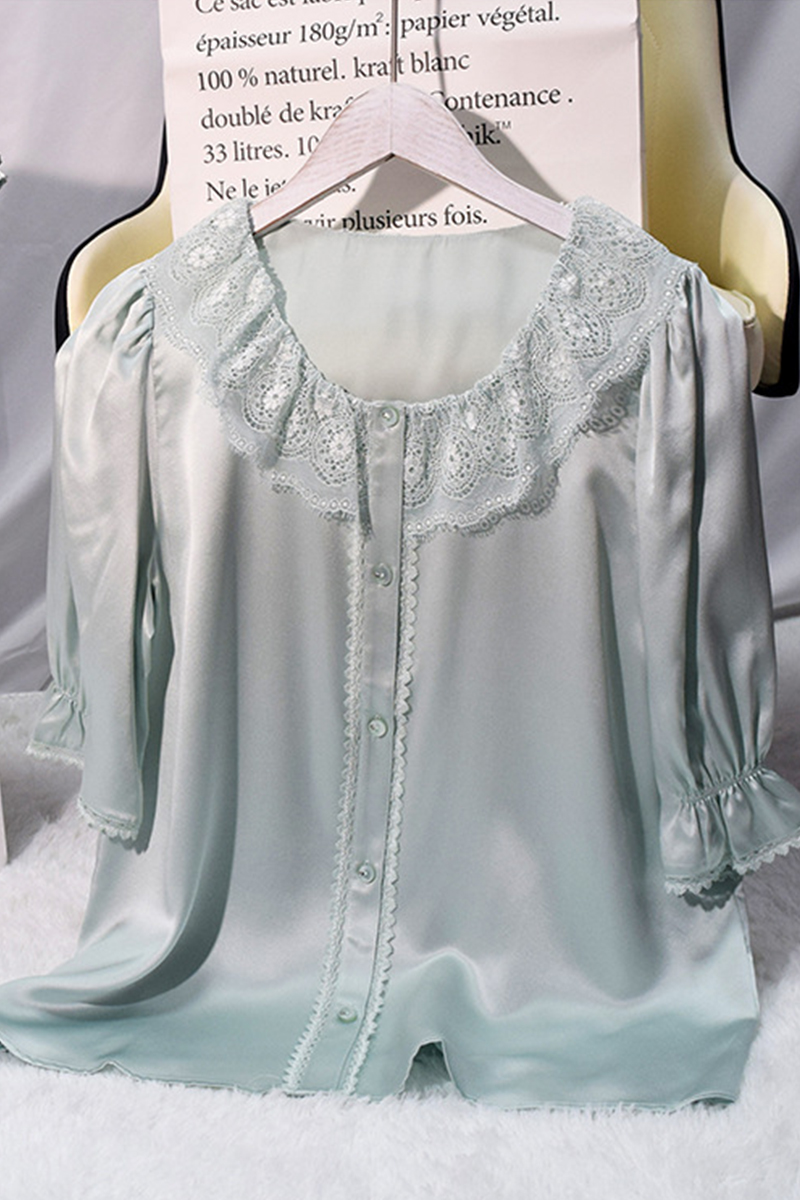19 Momme Heavy 100% Mulberry Silk Pajama Set Cool Feeling Mid-Sleeve Loungewear with Delicate Lace Trim for Summer