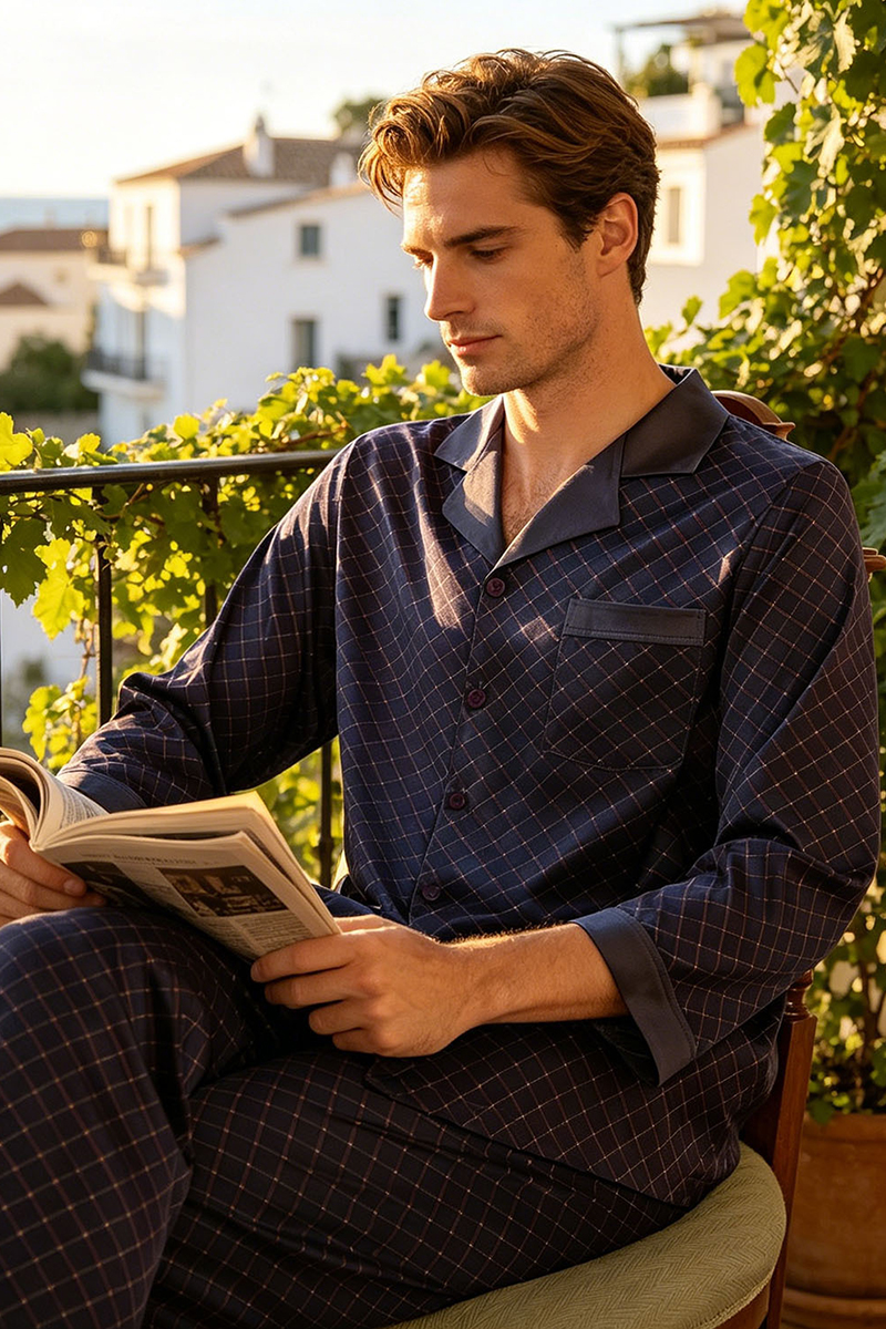 Men's 19 Momme Heavy 92% Mulberry Silk Pajama Set Short Sleeve Top & Long Pants Loungewear