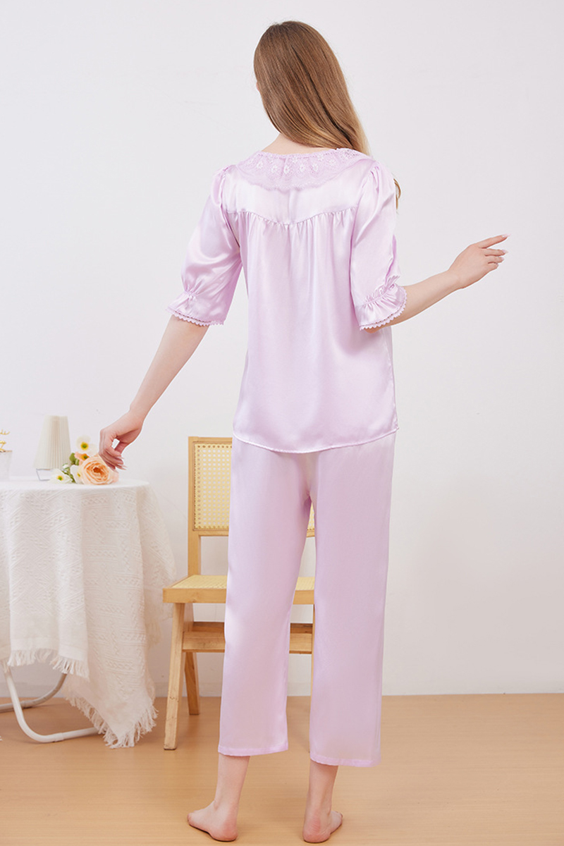 19 Momme Heavy 100% Mulberry Silk Pajama Set Cool Feeling Mid-Sleeve Loungewear with Delicate Lace Trim for Summer